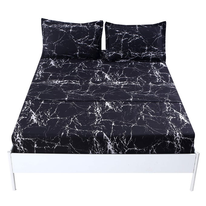 BLACK MARBLE SUPER SOFT MICROFIBER BED SHEET 4PC MARBLE BEDDING SHEET SET INCLUDED 1 FITTED SHEET WITH 2 PILLOWCASES 14 INCHES DEEP TWIN BLACK