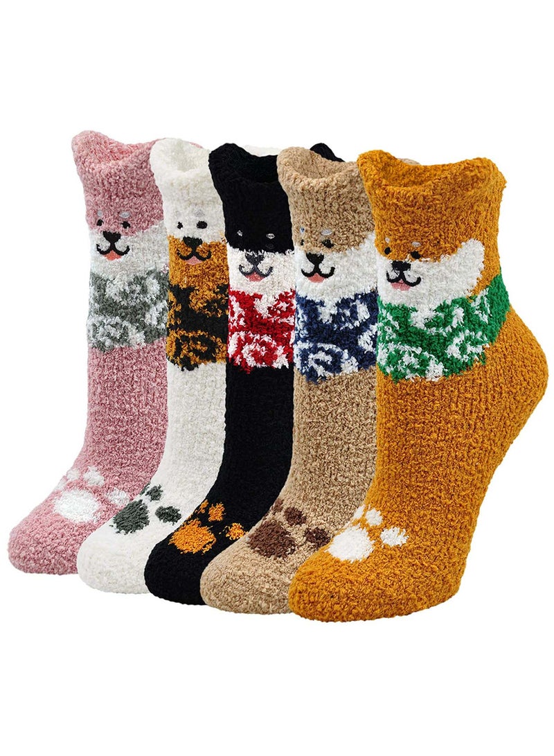 Womens Fuzzy Socks Winter Warm Soft Fluffy Slipper Socks Lovely Animal Crew Sock Sleeping Bed Cozy Socks5 Pairs