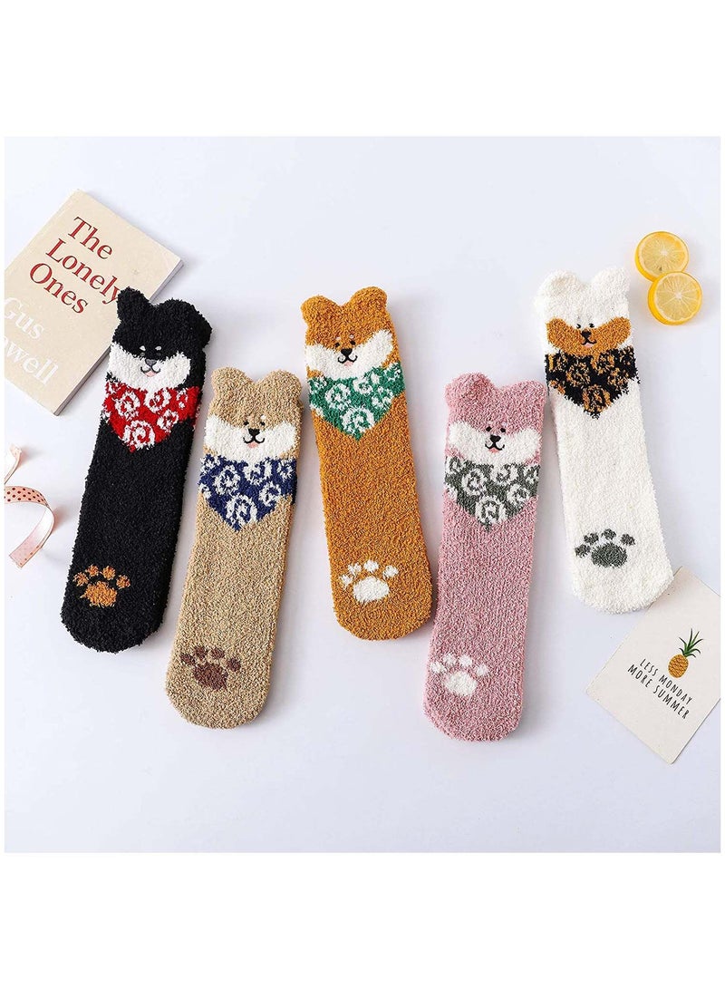 Womens Fuzzy Socks Winter Warm Soft Fluffy Slipper Socks Lovely Animal Crew Sock Sleeping Bed Cozy Socks5 Pairs