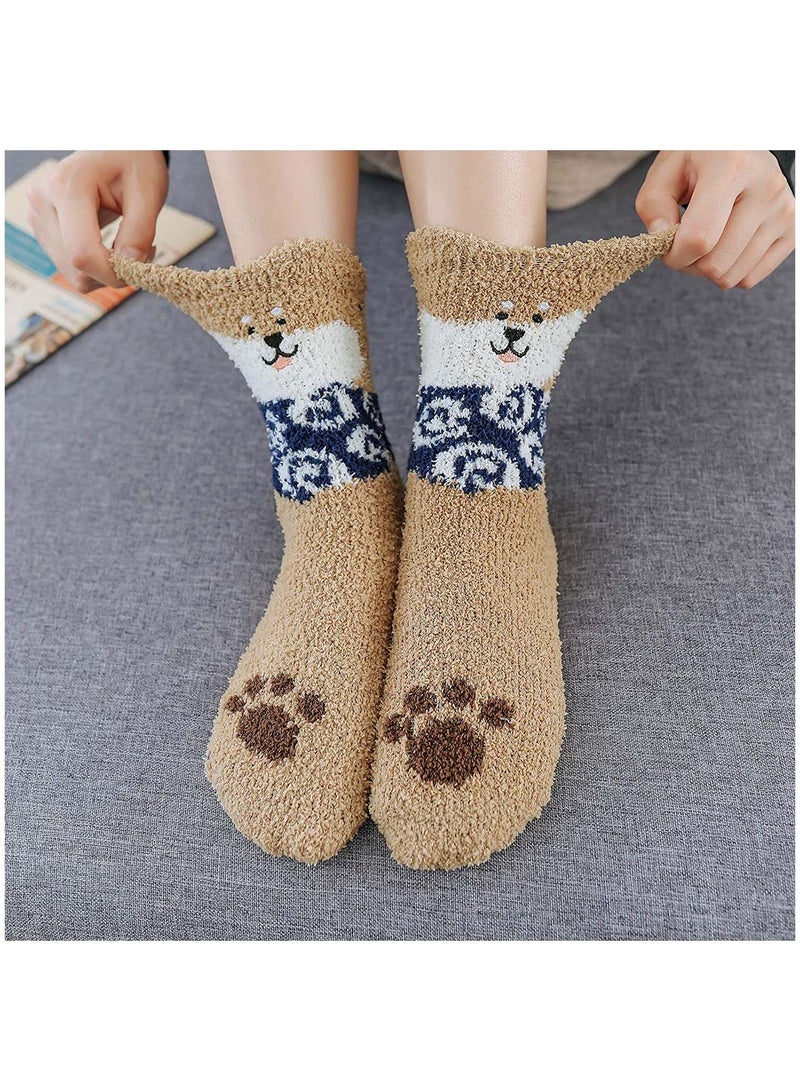 Womens Fuzzy Socks Winter Warm Soft Fluffy Slipper Socks Lovely Animal Crew Sock Sleeping Bed Cozy Socks5 Pairs