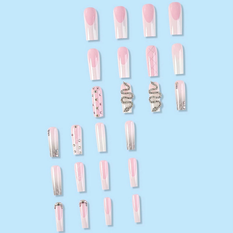 MISUD Press on Nails - Long Square Glue on Nails with French Tip, Acrylic Snake Rhinestone Design 24 pcs - Image 4