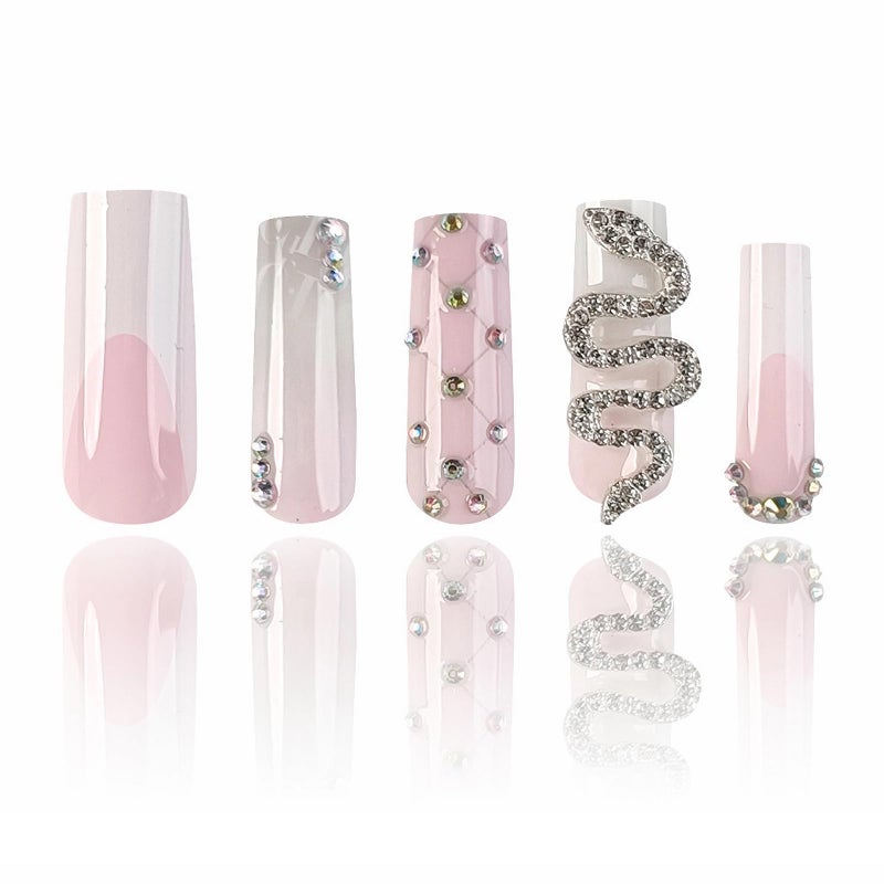 MISUD Press on Nails - Long Square Glue on Nails with French Tip, Acrylic Snake Rhinestone Design 24 pcs - Image 2