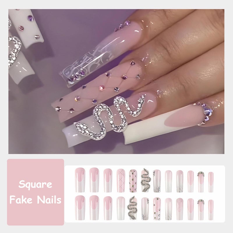 MISUD Press on Nails - Long Square Glue on Nails with French Tip, Acrylic Snake Rhinestone Design 24 pcs - Image 5