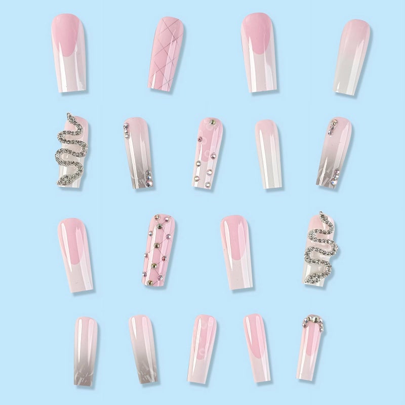 MISUD Press on Nails - Long Square Glue on Nails with French Tip, Acrylic Snake Rhinestone Design 24 pcs - Image 3