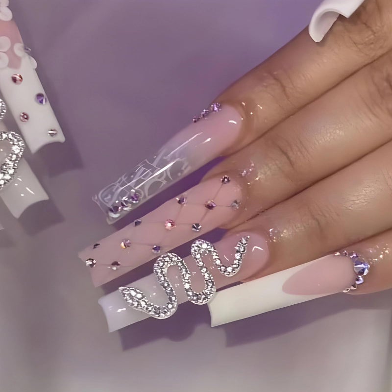 MISUD Press on Nails - Long Square Glue on Nails with French Tip, Acrylic Snake Rhinestone Design 24 pcs - Image 1