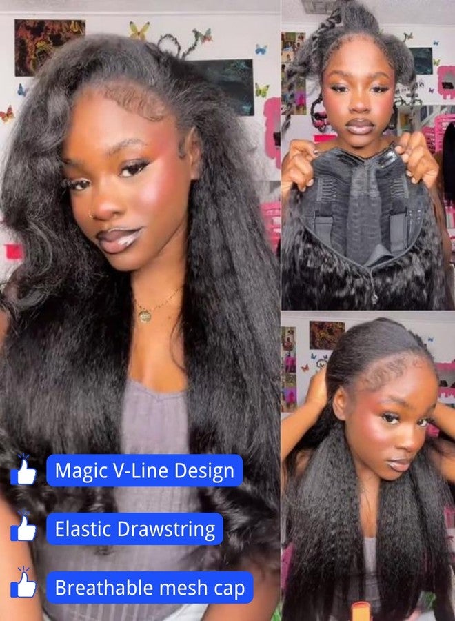 Nadula V Part Wigs Kinky Straight Human Hair with Drawstring,Glueless Easicontour V-Part Clip in Upgraded U Part Kinky Wig for Women No Leave Out Ready to Wear Beginner Friendly 150% Density 20inch - Image 4