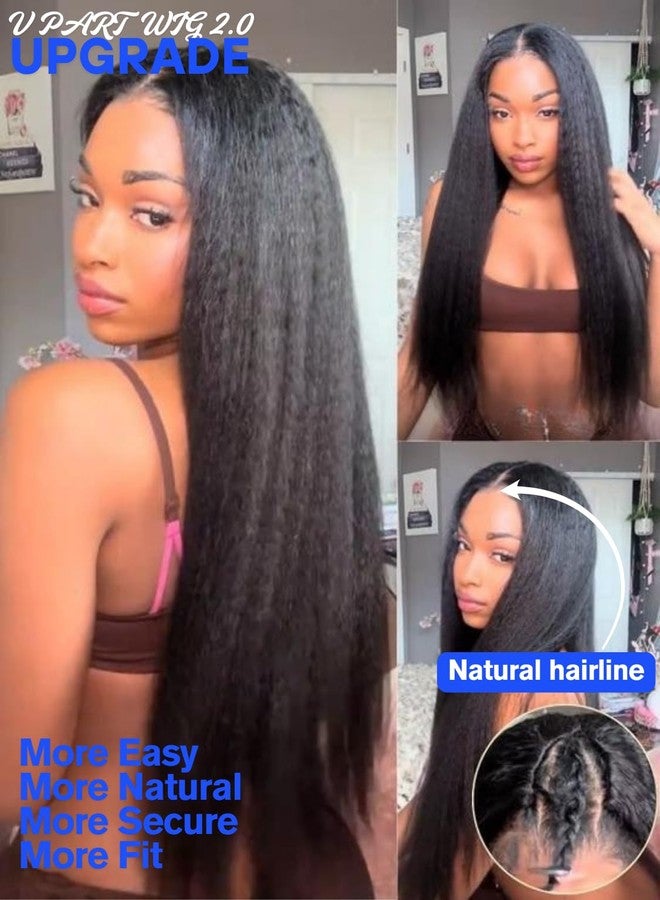 Nadula V Part Wigs Kinky Straight Human Hair with Drawstring,Glueless Easicontour V-Part Clip in Upgraded U Part Kinky Wig for Women No Leave Out Ready to Wear Beginner Friendly 150% Density 20inch - Image 2