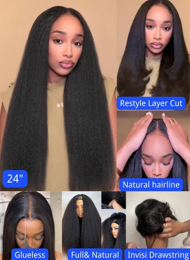 Nadula V Part Wigs Kinky Straight Human Hair with Drawstring,Glueless Easicontour V-Part Clip in Upgraded U Part Kinky Wig for Women No Leave Out Ready to Wear Beginner Friendly 150% Density 20inch - Image 3
