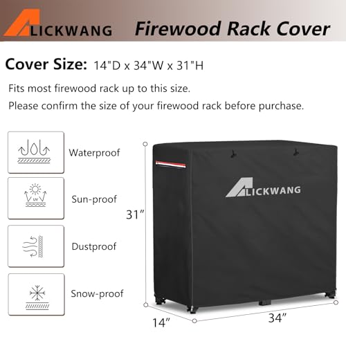 Alickwang 34Inch Firewood Rack Cover,Heavy Duty 600D Waterproof Outdoor Firewood Storage Rack Cover, All Weather Protection Firewood Rack Cover.14 D x 34" W x 31" H.Black(Cover Only) - Image 2