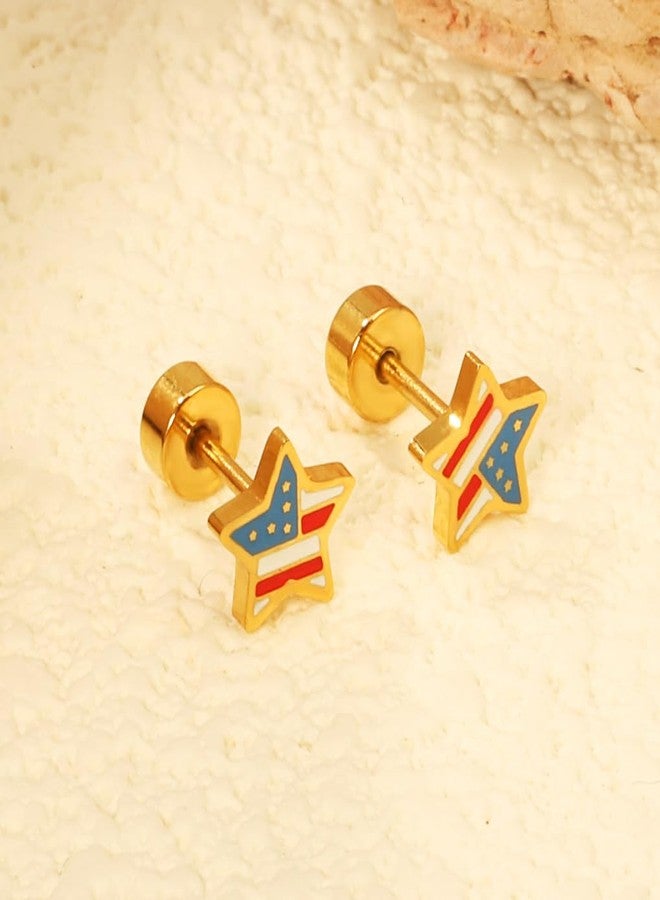 AMOBESTER American Flag Star Stud Earrings Cartilage Tragus Sensitive Ear Screwback Stainless Steel Hypoallergenic Sleeper Piercing 4th of July Patriotic Jewelry for Women - Image 3