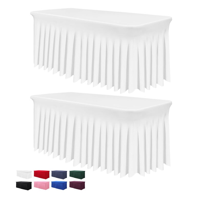 BDDC Table Skirts for Rectangle Tables 8ft  2 Pack OnePiece White Tablecloths and Skirt Wrinkle Resistant Ruffles Elastic Cover for Banquets Weddings Events Parties