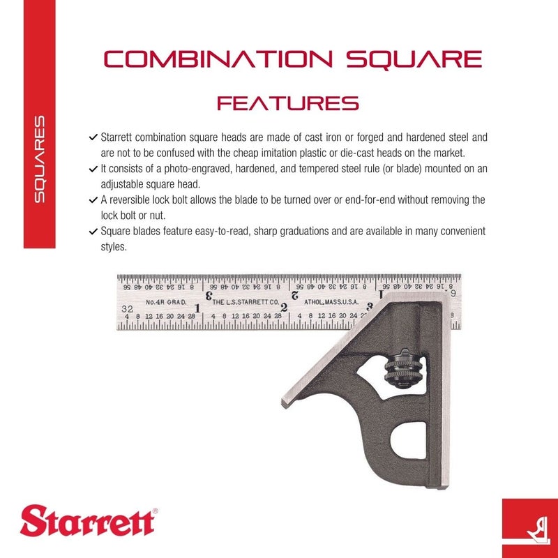Starrett Steel Combination Square with Square Head - 4" Blade Length, Cast Iron Heads, Hardened Steel, Reversible Lock Bolt, 4R Graduation Type - 11H-4-4R - Image 2