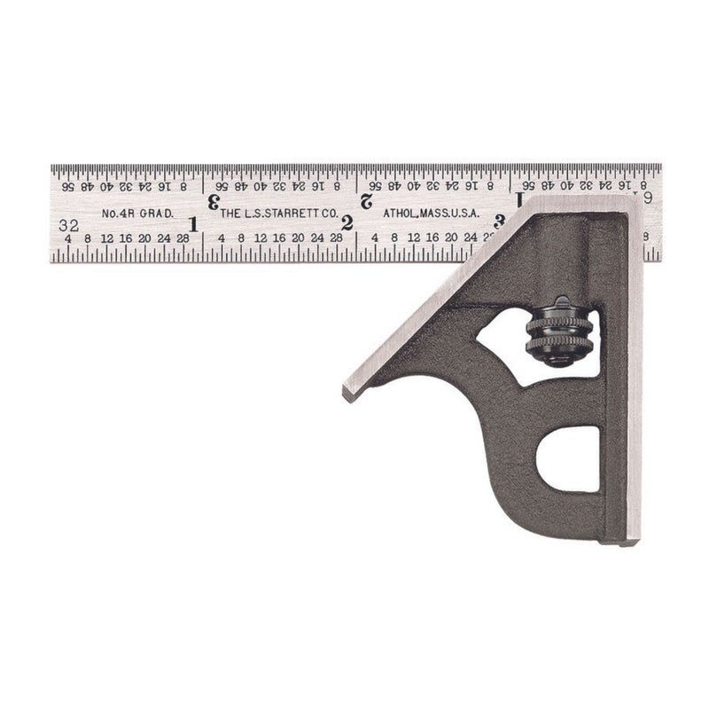 Starrett Steel Combination Square with Square Head - 4" Blade Length, Cast Iron Heads, Hardened Steel, Reversible Lock Bolt, 4R Graduation Type - 11H-4-4R - Image 1