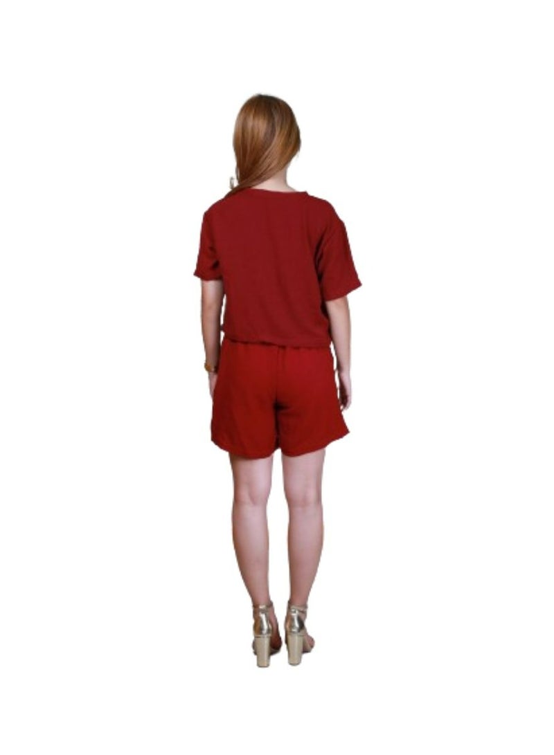 Veronica Women's Crop Top and Shorts Co-ord Set- Red  - Image 2