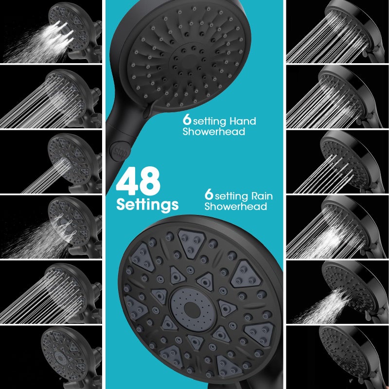FASDUNT Dual Handheld Shower Head Combo, Enjoy 6-Setting Rain Showerhead and 6-Setting Hand Held Shower Separately or Together, 2 in 1 Showerhead with 80" Extra Long Stainless Steel Hose, Black - Image 2