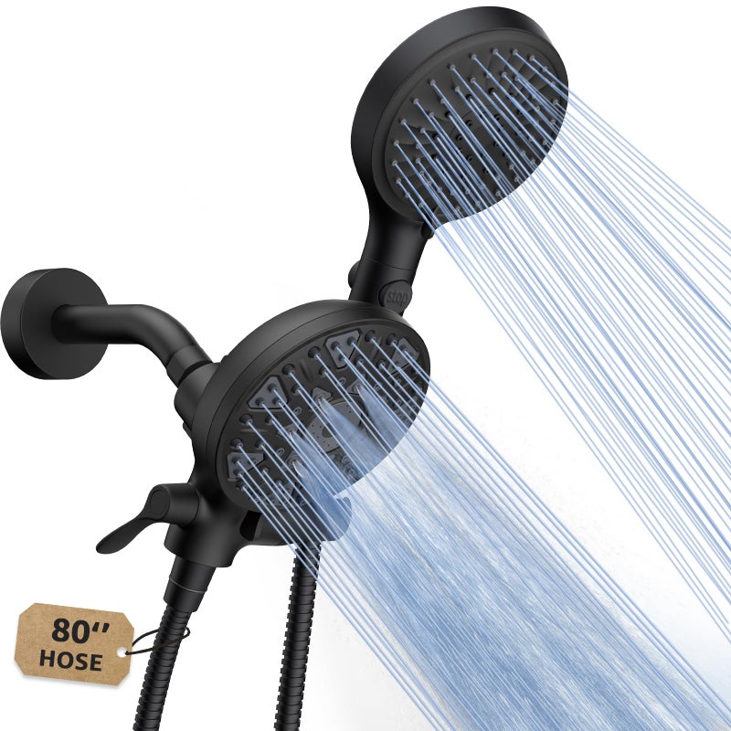 FASDUNT Dual Handheld Shower Head Combo, Enjoy 6-Setting Rain Showerhead and 6-Setting Hand Held Shower Separately or Together, 2 in 1 Showerhead with 80" Extra Long Stainless Steel Hose, Black - Image 1