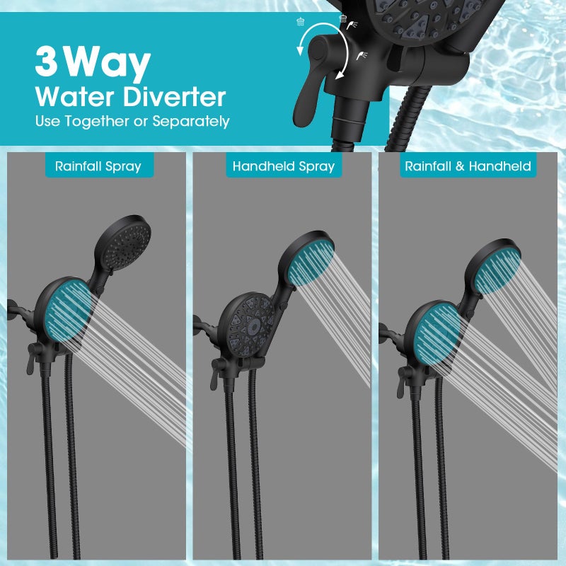 FASDUNT Dual Handheld Shower Head Combo, Enjoy 6-Setting Rain Showerhead and 6-Setting Hand Held Shower Separately or Together, 2 in 1 Showerhead with 80" Extra Long Stainless Steel Hose, Black - Image 3