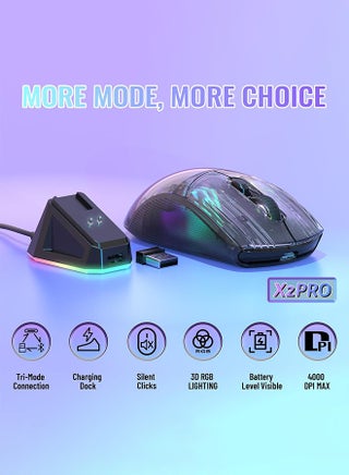ماوس ألعاب لاسلكي X2 Pro مع قاعدة شحن، ماوس بلوتوث صامت (ثلاثي الوضع BT5.0/2.4G/سلكي)، ماوس مريح RGB بدقة 4000 نقطة في البوصة، جراب شفاف، كمبيوتر شخصي/ماك/جهاز لوحي، أسود - view 2