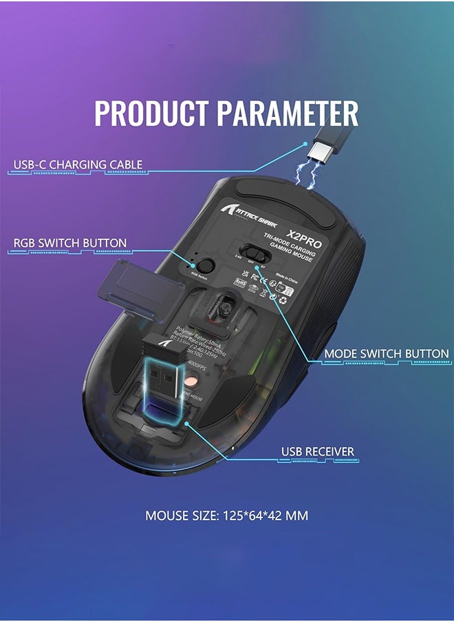Attack Shark - X2 Pro Wireless Gaming Mouse with Charging Dock, Silent Bluetooth Mouse (Tri-Mode BT5.0/2.4G/Wired), RGB Ergonomic Mouse 4000 DPI, Transparent Case, PC/Mac/Tablet, Black - Image 1