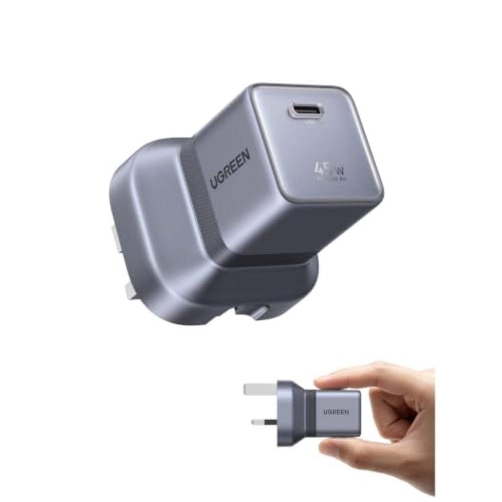 Fast charger for laptops and smartphones, aluminum alloy body, grey, 65W PD fast charging with included 100W USB-C cable 1m