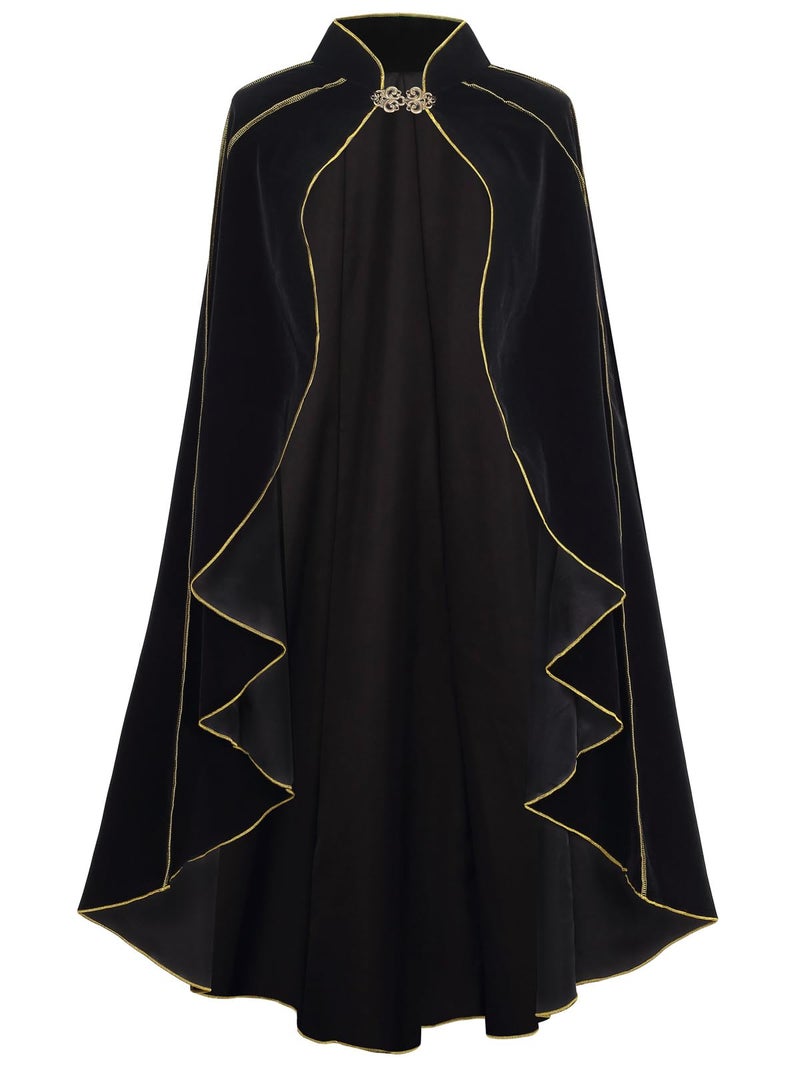GRAJTCIN Women's Medieval Cloak Renaissance Thic Velvet Gold Trim Cape Halloween Costume for Adult (43.3", Black) - Image 1