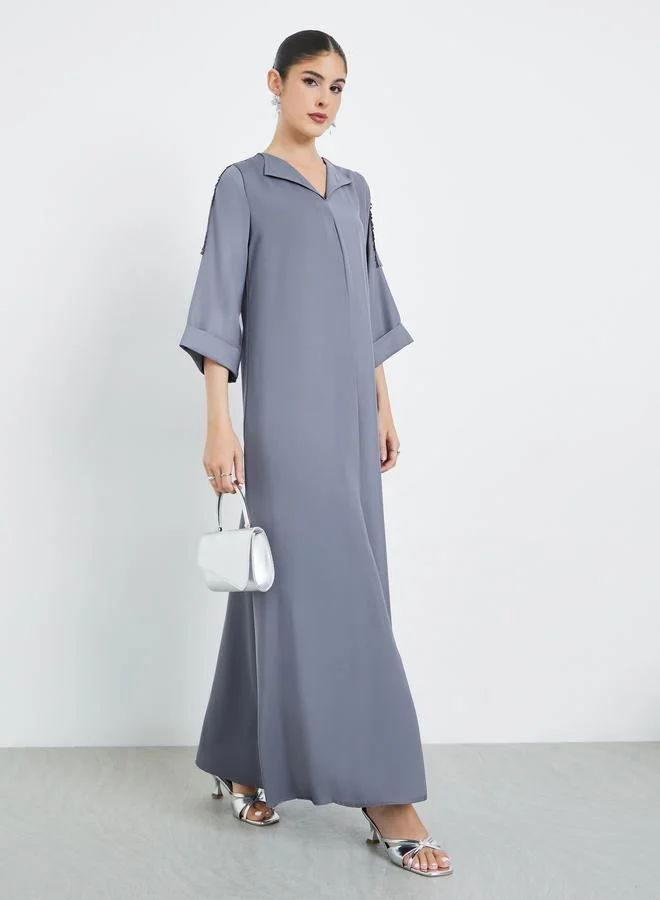 Amirah Grey Front Pleat Lace Detail Jalabiya