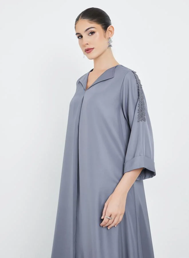 Amirah Grey Front Pleat Lace Detail Jalabiya