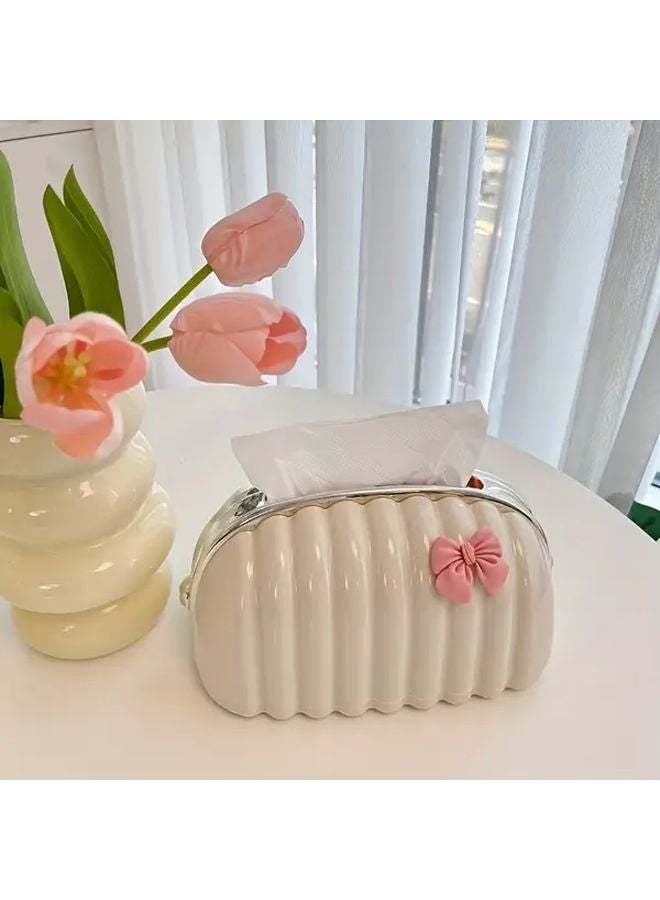 White Tissue Box Holder With Pink Bow Shell Shaped Lid Decorative Storage Organizer - Image 2