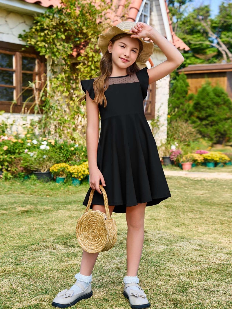 Haloumoning Girls Dress Summer Ruffle Sleeve Mesh A Line Casual Party Dresses with Pockets for Kids 4-14 Years Black - Image 5