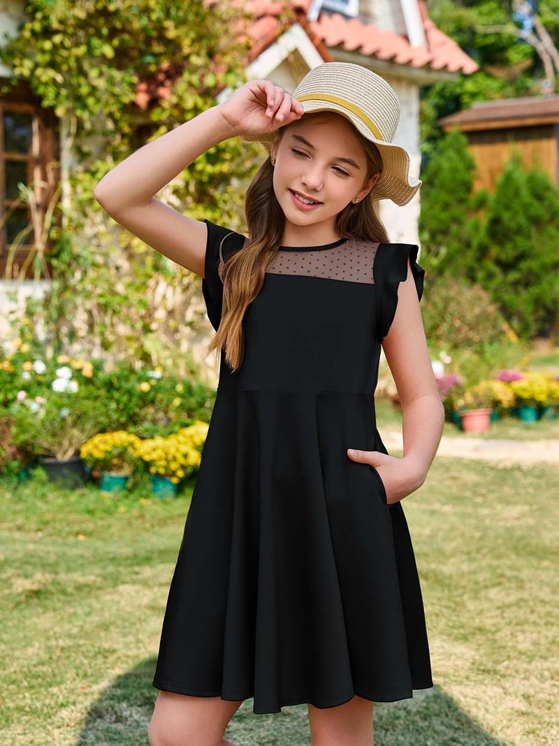 Haloumoning Girls Dress Summer Ruffle Sleeve Mesh A Line Casual Party Dresses with Pockets for Kids 4-14 Years Black - Image 3