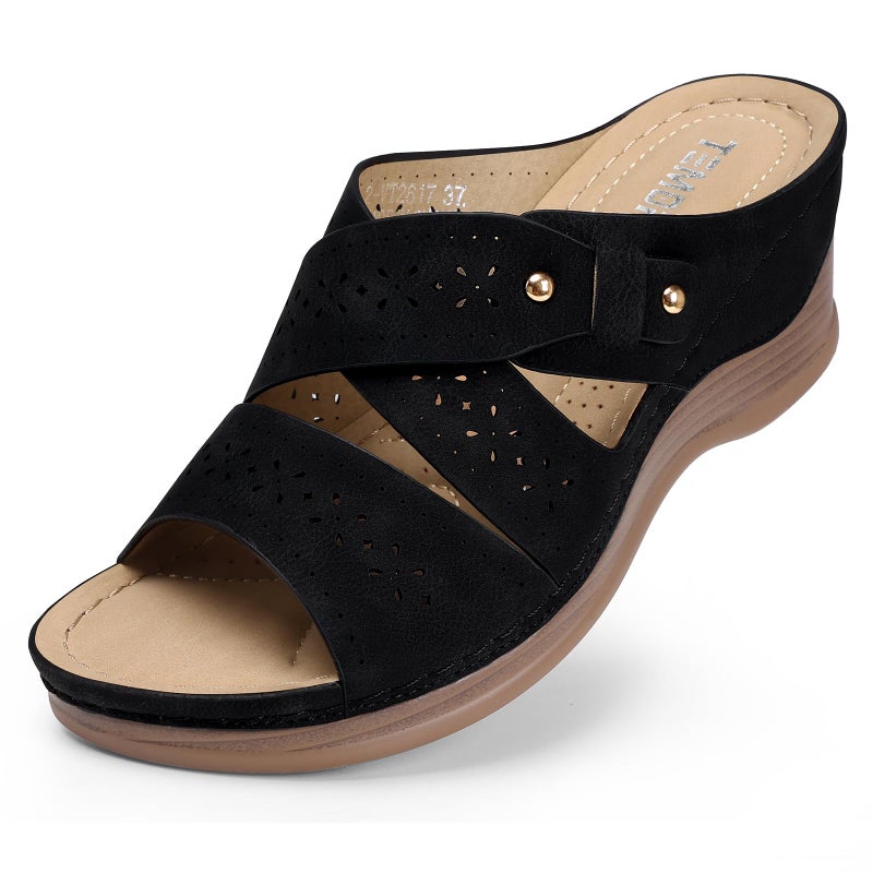 TEMOFON Wedge Sandals for Women Summer: Comfortable Walking Slip on Sandals - Dressy Platform sandals - Black Casual Sandals Size 8.5 - Image 1