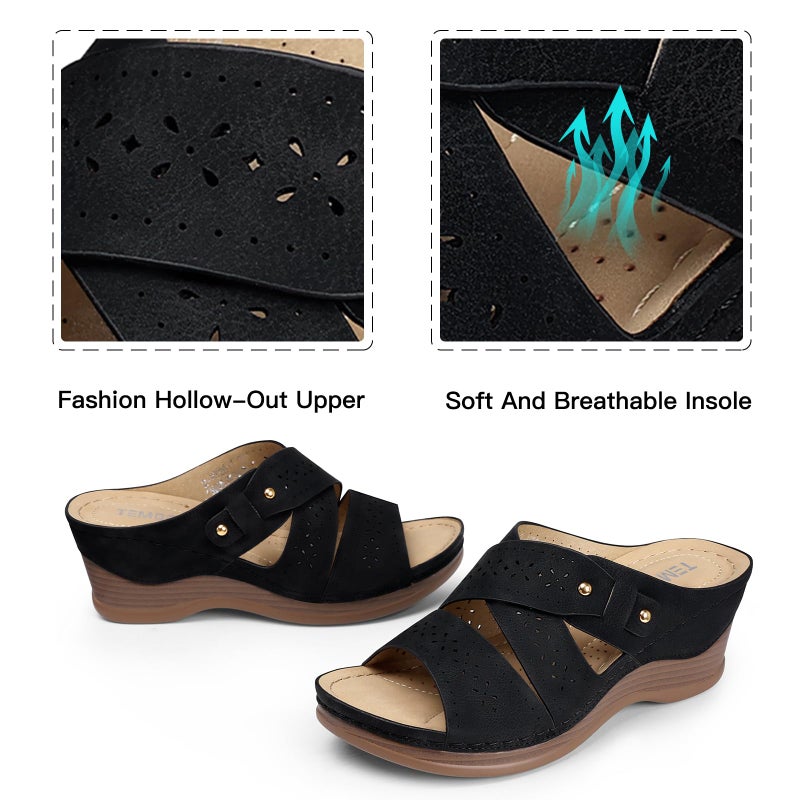 TEMOFON Wedge Sandals for Women Summer: Comfortable Walking Slip on Sandals - Dressy Platform sandals - Black Casual Sandals Size 8.5 - Image 5