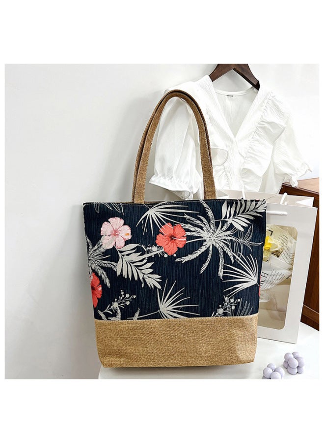 Fashion Canvas Bag Style National Style Artistic Women's Shoulder Bag Simple Tote Bag Large Capacity Women's Portable Shopping Bag-Color:Red Pink Floret - Image 1