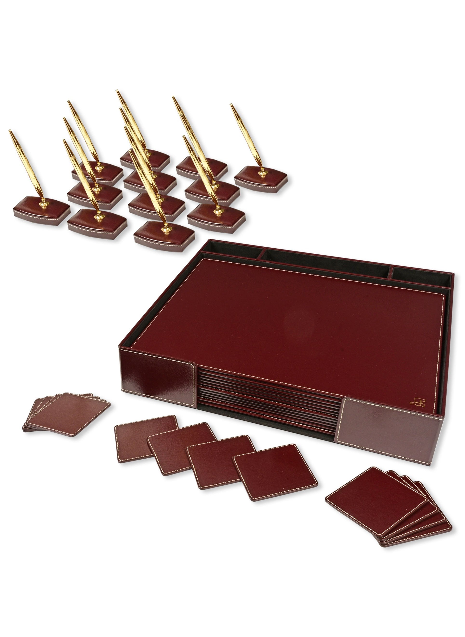 FIS FIS Executive Conference Room Set of Bonded Leather Desk Blotter, Coaster and Pen Holder with Pen - Burgundy-FSDSCONFRSETBU 