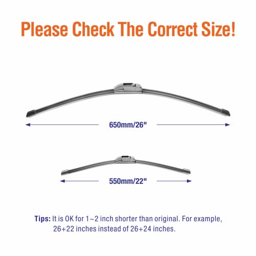 WOWIPER OE Quality Windshield Wiper Blades - 26 and 22 inch (Set of 2), Metal Base for 300% Replacement for Honda Odyssey 22-05 /Honda Civic Sedan 14-06 /Lexus RX330 RX350 RX400H RX450H 15-04 - Image 4
