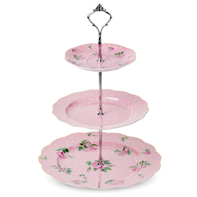 Brew To A Tea BTaT Floral 3 Tier Cake Stand Porcelain Pastel Pink with Pink Roses  Gold Trim 3 Tiered Dessert Stand for Cookies Cupcakes  Fruits 