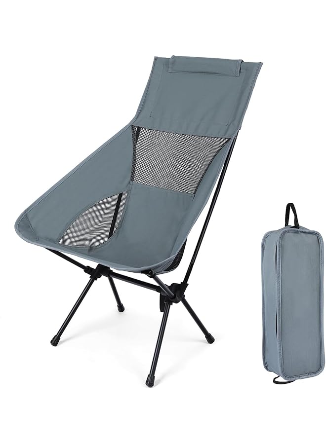 PROMASS High Back Camping Chair For Adults Heavy Duty, Outdoor Picnic Foldable Chair With Carry Bag, Portable Folding Chairs With Breathable Mesh And Headrest For Hiking Bbq Travel Beach (Grey)