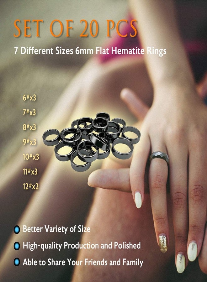 Morchic 20Pcs Pack Hematite Stone Rings for Women & Men, Unisex Flat Band Set (6mm Width) - Mixed Sizes 6-12, Chakra Balancing, Polished Gemstone, Gift Ready - Image 3
