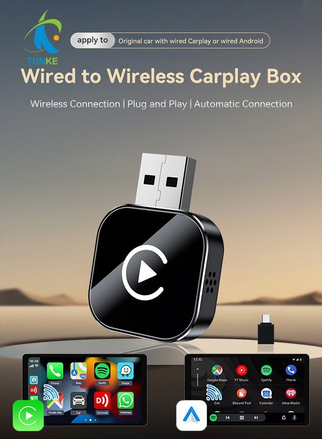 TUNKE 2-in-1 Wireless CarPlay & Android Auto Adapter – Round USB Plug & Play Dongle, Bluetooth 5.0, 5G WiFi, Voice Control – Wired to Wireless Converter - Image 1