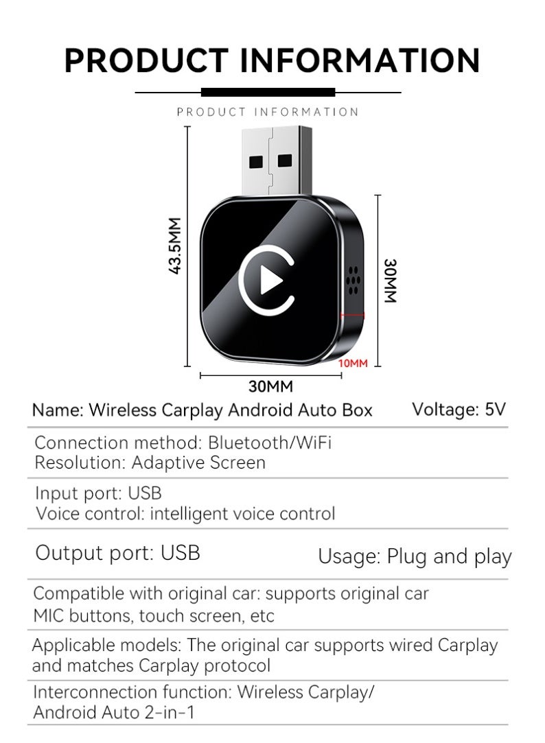 TUNKE 2-in-1 Wireless CarPlay & Android Auto Adapter – Round USB Plug & Play Dongle, Bluetooth 5.0, 5G WiFi, Voice Control – Wired to Wireless Converter - Image 2