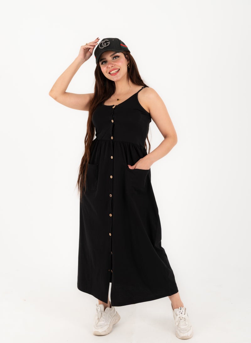 Women’s Long Dress – Classic Black – Cotton – For Day or Beach  - Image 2