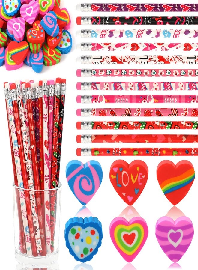 JULMELON 72PCS Valentine's Day Party Favors Set,36PCS Valentines Pencils with 36PCS Heart Erasers, Wooden Pencils for Kids School Classroom Office Party Reward Supplies - Image 1