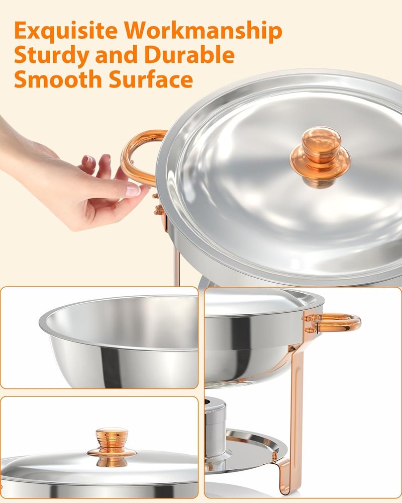 Takywep 5QT 6 Packs Chafing Dish Buffet Set, NSF Round Stainless Steel Chafers and Warmers Food Servers Sets with Lid & Lid Holder, Spoon & Tweezer for Catering Events Parties Weddings Dinners, Rose Gold - Image 2