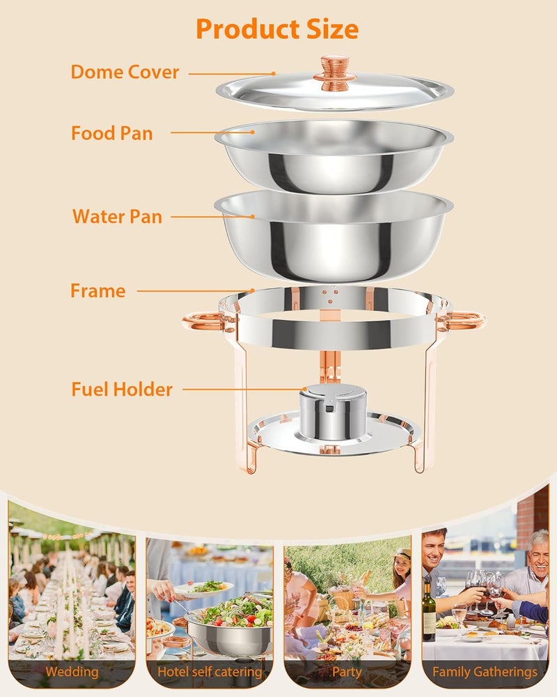 Takywep 5QT 6 Packs Chafing Dish Buffet Set, NSF Round Stainless Steel Chafers and Warmers Food Servers Sets with Lid & Lid Holder, Spoon & Tweezer for Catering Events Parties Weddings Dinners, Rose Gold - Image 3
