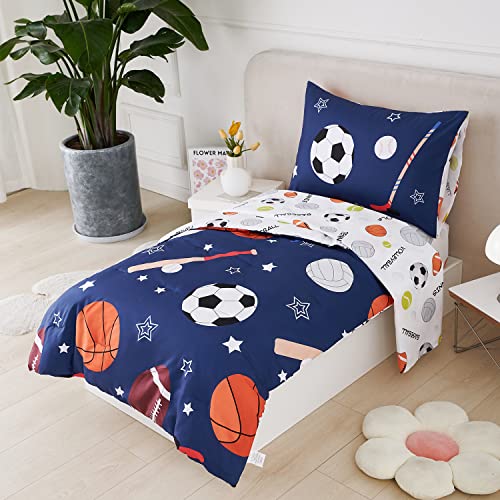 URBONUR 4-Piece Toddler Bedding Set - Ultra Soft Sports Series Baseball Football Basketball Boys Toddler Comforter Set Navy - Include Comforter, Flat Sheet, Fitted Sheet and Reversible Pillowcase - Image 2