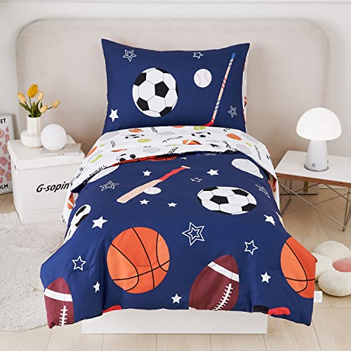 URBONUR 4-Piece Toddler Bedding Set - Ultra Soft Sports Series Baseball Football Basketball Boys Toddler Comforter Set Navy - Include Comforter, Flat Sheet, Fitted Sheet and Reversible Pillowcase - Image 1