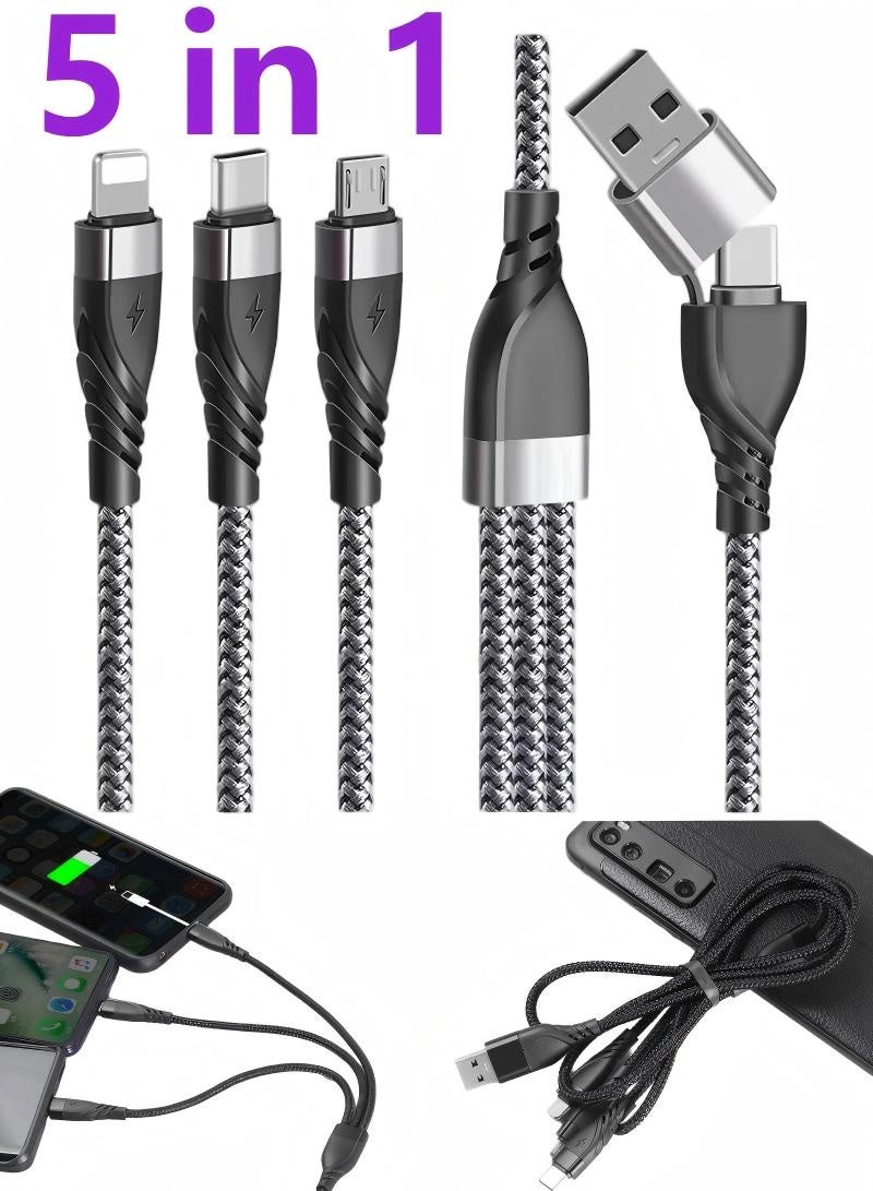 كابل شحن متعدد المنافذ، USB A/USB C، 5 في 1، سلك شحن سريع، مضفر من النايلون، مزود بموصل Micro USB Type C، متوافق مع هواتف سامسونج جالاكسي 16 برو ماكس، وسامسونج جالاكسي 25 ألترا، وهواوي، وشاومي، وبلاي ستيشن 5-1.2 ميجابايت. - Image 1