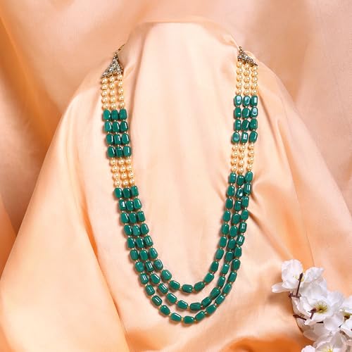 Mahi 3 Layers Green and Yellow Beads Base Groom/Dulha Moti Mala Haar Necklace for Men (ML1108122GGre) - Image 2