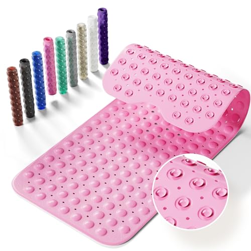 Krussier Non-Slip Bath Tub Mat, 39x16 Inch Extra Large Shower Mat with Drain Holes & Suction Cups, Machine Washable, Pink - Image 1