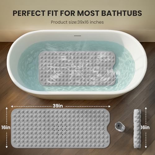 Krussier Non-Slip Bath Tub Mat, 39x16 Inch Extra Large Shower Mat with Drain Holes & Suction Cups, Machine Washable, Pink - Image 3